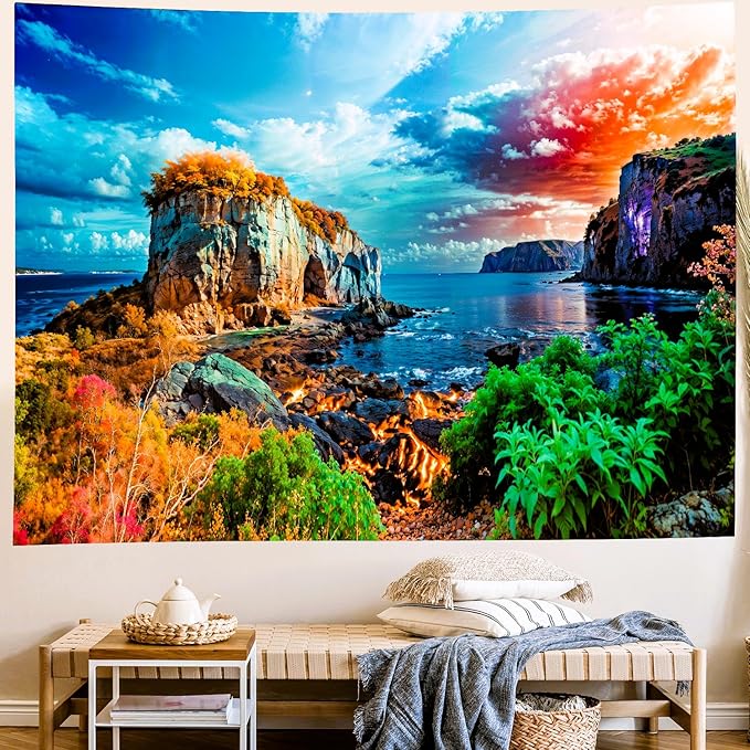 Delur Coastal Ocean Beach Tapestry Tropical Forest Tree Sunrise Sea Landscape Tapestry Wall Hanging Wave Sunset Nature Colorful Spiritual Headboard for Bedroom Living Room Home Decor (70.8" x 92.5")