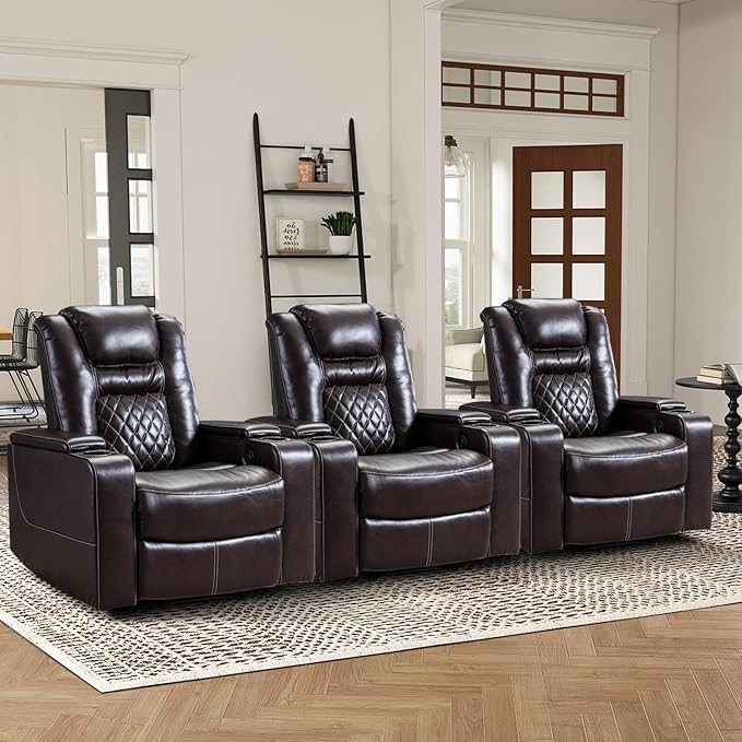 CANMOV Electric Power Recliner Chair Set of 3, Breathable Leather Home Theater Seating with Hidden Arm Storage, Power Recliner Chair with USB Ports and Cup Holders for Living Room,Brown