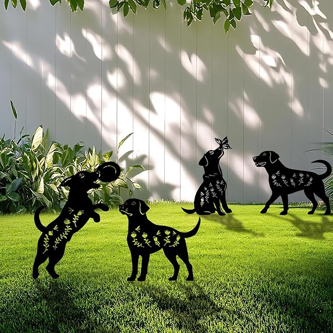 4 Pack Dog Metal Garden Decorative Stakes, Weather Proof Puppy Silhouette Statues for Yard, Patio,Outdoor Decor for Dog Lovers and Pet Owners