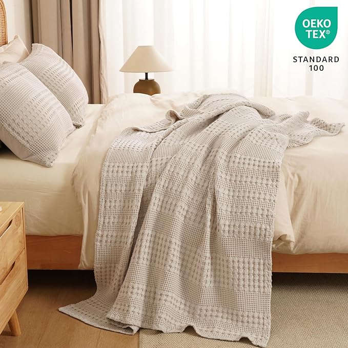 PHF 100% Cotton Waffle Weave Throw Blanket, Soft Lightweight Breathable Cozy Summer Throws for Couch Bed Sofa, Luxury Aesthetic Woven Blanket for Home Decor & Office, 50"x60", Oatmeal