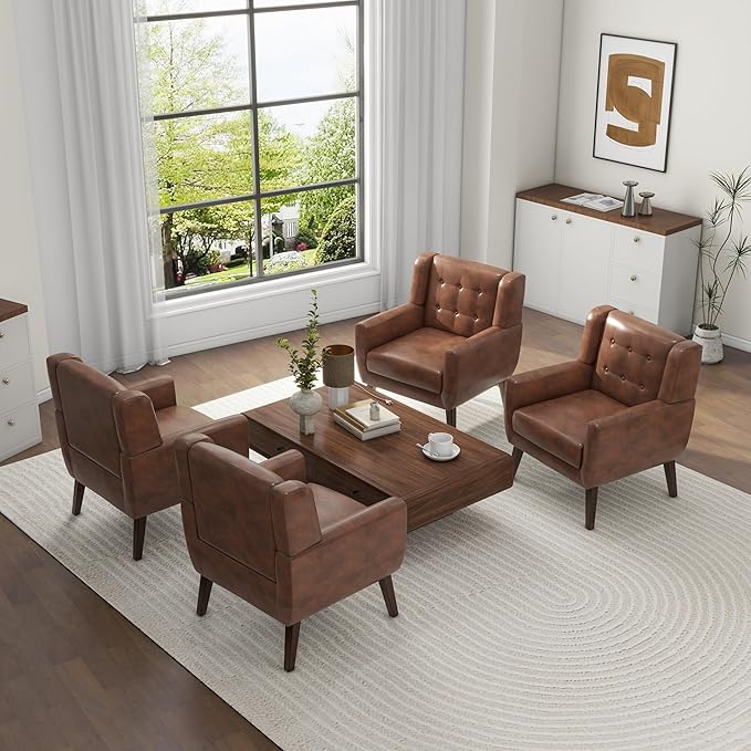 UIXE Faux Leather Accent Chairs Set of 4, Modern Arm Club Chair Upholstered Armchair for Living Room, Comfy Single Sofa Seats Button Tufted Reading Seating, Coffee