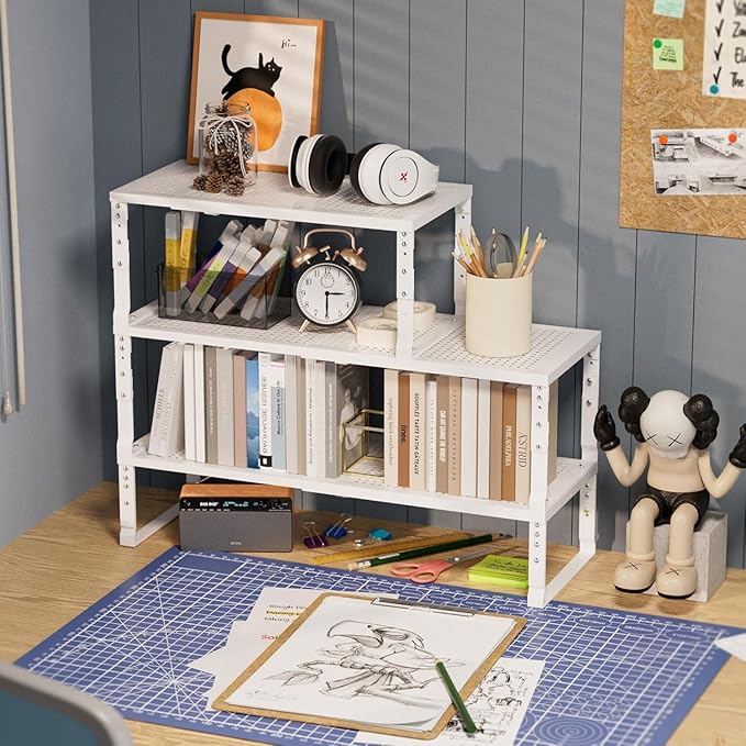 Expandable Spice Rack Kitchen Cabinet Shelf Organizer, Stackable Storage Shelves Racks, Adjustable Counter Shelving for Cabinets, Countertop, Cupboard,Pantry and More(1Pack/White/Medium)