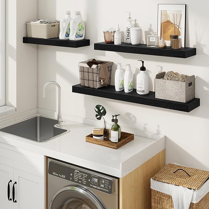 fuqing Floating Shelves for Wall, Bathroom Shelf Wall Mounted for Storage, Shelves with Invisible Bracket for Bedroom, Kitchen, Living Room, Farmhouse Small Book Shelf, 32 Inch Set of 2, Black