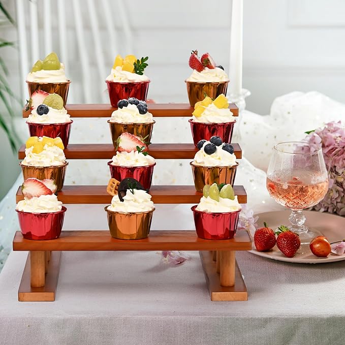 4 Tier Wooden Display Riser Stand Perfume Organizer, Dessert Table Display Set, Solid Wood Food Display Stands for Party, Bamboo Rustic Solid Wood Shelf for Cupcakes, Perfume, Cologne, Spiece