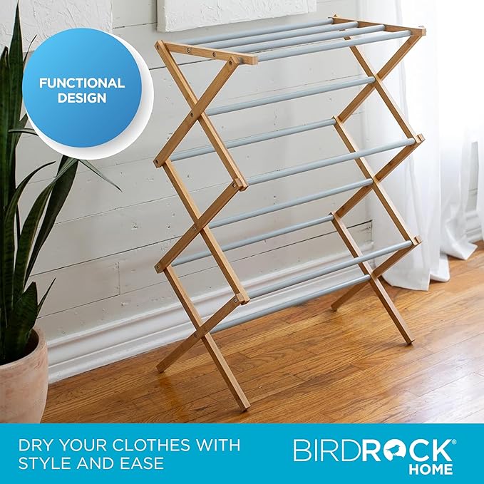 BirdRock Home Wooden Clothes Drying Rack | 3-Tier Foldable Bamboo Laundry Stand | Water-Resistant, Fully Assembled, Collapsible Indoor/Outdoor Dryer for Hanging Clothes | Grey