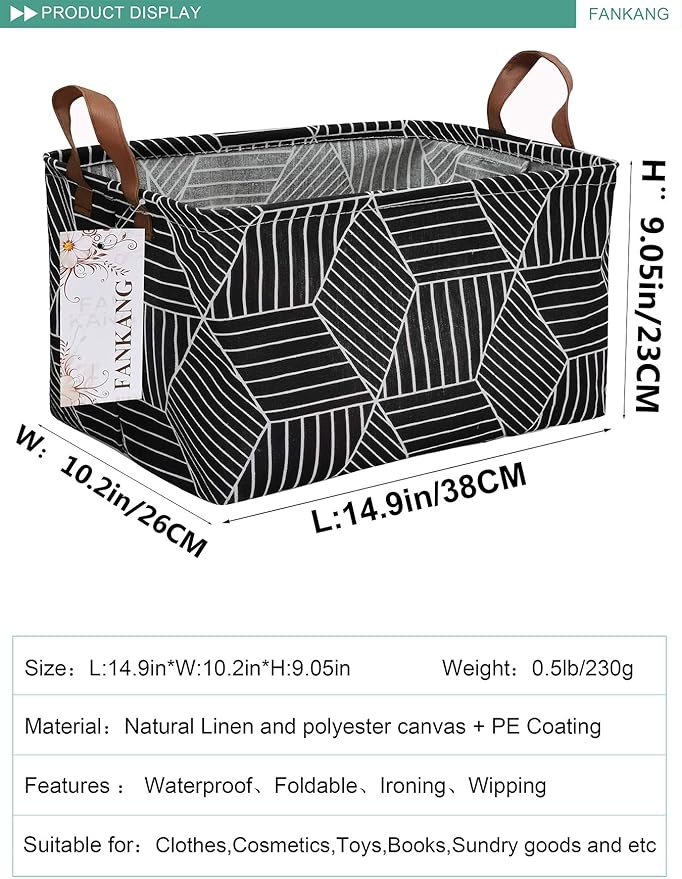 FANKANG Storage Basket,Nursery Hamper Canvas Laundry Basket Foldable with Waterproof PE Coating Storage, Office, Bedroom, Clothes,Toys (Rec-Black Cube)