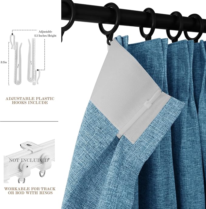 Room Divider Curtains Screen Partitions, Linen Look 100% Blackout Drapery 108 Inches Long, 100" Wide Pinch Pleated Window Drapes, Privacy Protecting, Light Blocking, (1 PC, Blue)