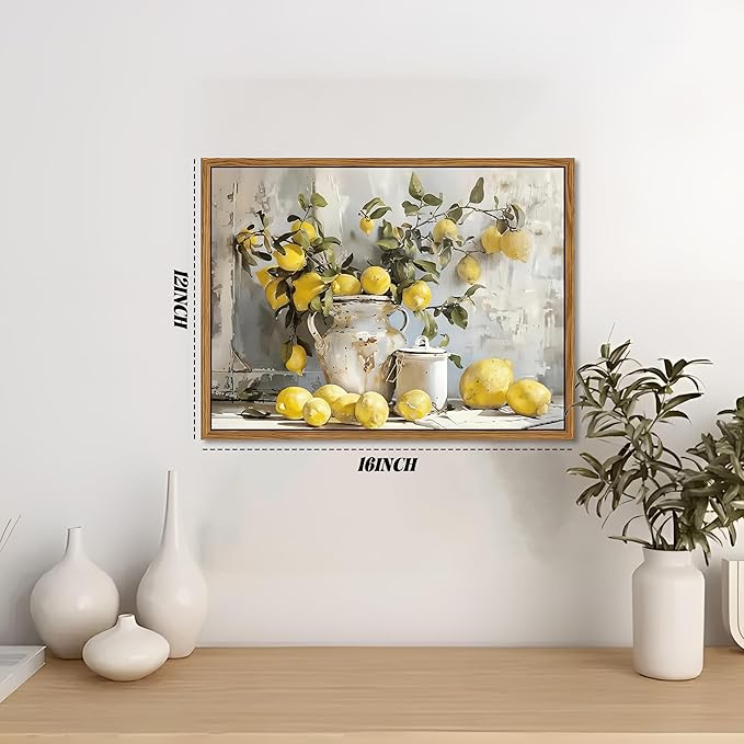 Framed Lemon Kitchen Wall Decor for Dining Room - Vintage Mustard French's Yellow Lemon Kitchen Wall Art, Rustic Oil Paintings Posters Prints for Bathroom Living Room Bedroom 12x16 inch