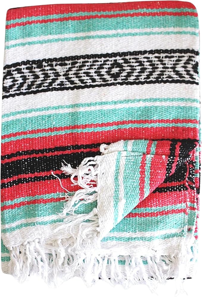 Del Mex Classic Mexican Blanket, Large Authentic Woven Falsa Throw (70"x50"), Artisan Southwest Décor for Beach, Yoga, Outdoors (Pink/Mint)