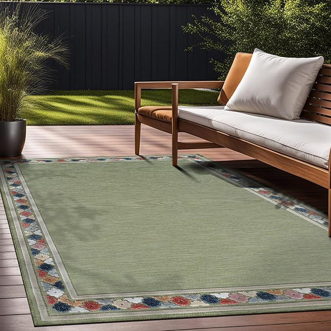 Beverly Rug Outdoor Rug 10x14 Modern Bordered Large Area Rugs for Indoor and Outdoor Patio Easy to Clean Non Shedding Living Room Porch Garden Washable Outside Carpet (10 x 14 Green)