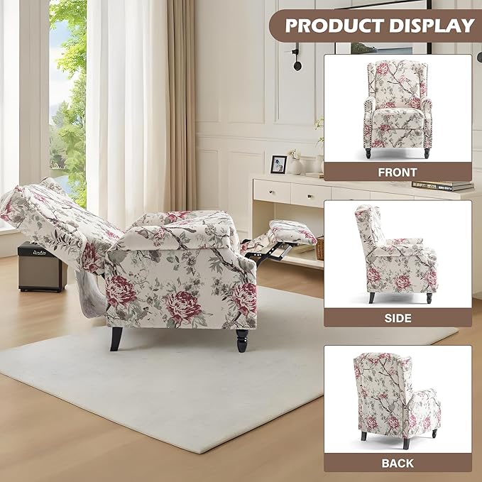 UIXE Recliner Chairs Set of 2, Fabric Armchair Upholstered Pushback Accent Chair for Living Room, Rivet Trim Club Chair Home Theater Single Sofa Bedroom Side Reading Seat - Beige Floral