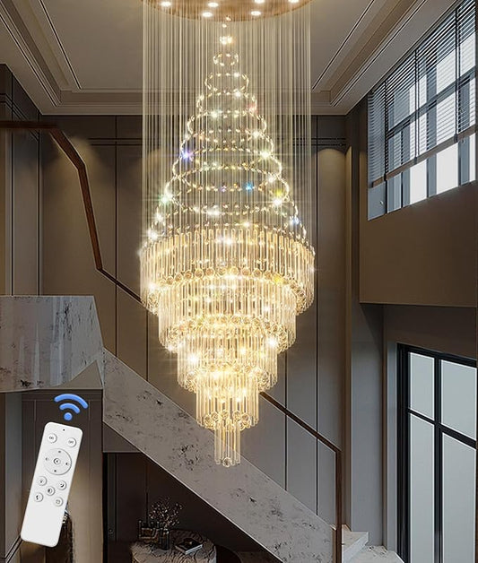 Flashing God 40''X90 Large Crystal Chandelier for High Ceiling Modern Crystal Raindrop Chandeliers Lighting Round Ceiling Light Entryway Staircase Foyer Villa LED Dimmable 2700-6000K