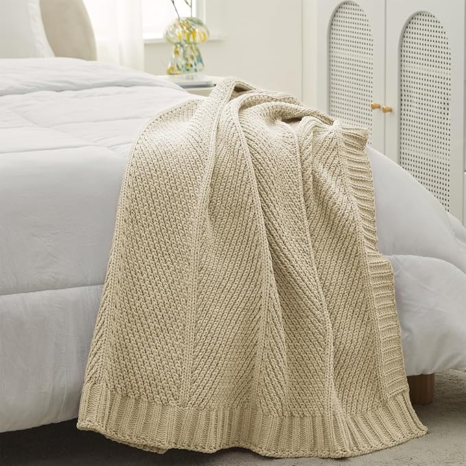 Amélie Home Chenille Knit Throw Blanket for Couch, Chevron Texture Decorative Soft Blanket for Sofa, Bed & Chair, 60"x80", Beige