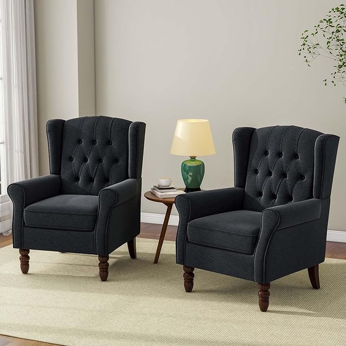 Accent Chair, Upholstered Armchair with Button Tufted High Back & Solid Wood Legs, Comfy Wingback Reading Single Sofa Chair for Small Spaces, Living Room, Bedroom (Blue, Set of 2)