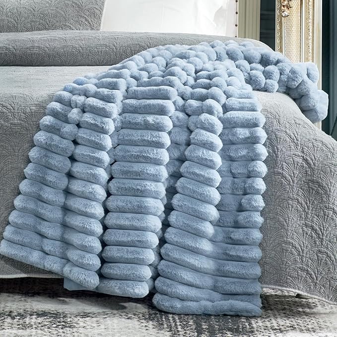 Cozy Bliss Faux Fur Throw Blanket for Couch, Cozy Warm Plush Striped Blanket for Sofa Bedroom Living Room,50 * 60 Inches Light Blue