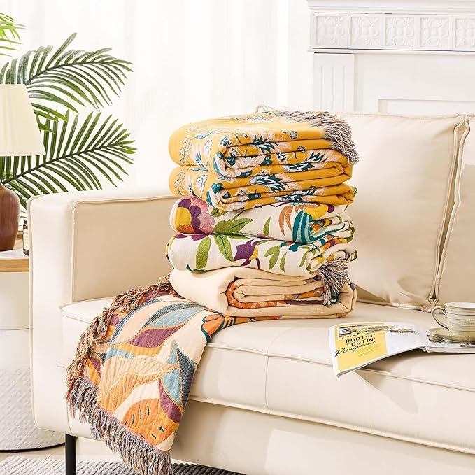 Boho Throw Blanket for Bed, 100% Cotton Soft Rustic Quilt Fall Blanket, 50"x60" Colorful Floral Printed Farmhouse Decor Bed Blankets, All Season Rustic Reversible Bohemian Throw Quilt