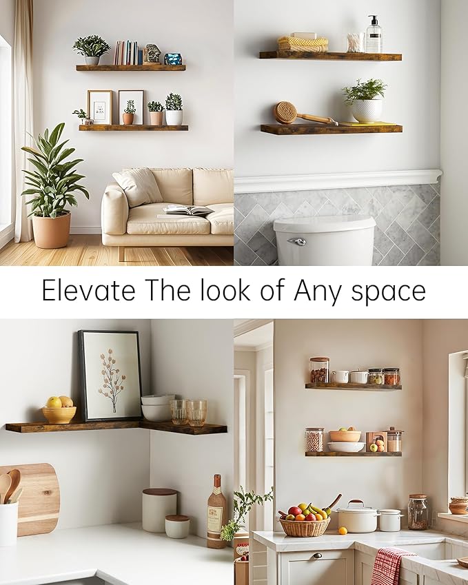 BAYKA Floating Shelves Set of 2, 22.5" Rustic Wood Wall Mounted Shelves for Bedroom, Living Room, Kitchen & Office, Hanging Display Shelf with 22 lbs Capacity (Rustic Brown)