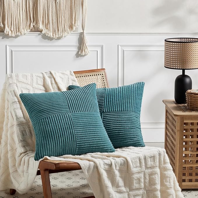 Fancy Homi 2 Packs Teal Big Decorative Throw Pillow Covers 24x24 Inch for Living Room Couch Bed, Rustic Farmhouse Boho Home Decor, Soft Corss Corduroy Patchwork Accent Square Cushion Case 60x60 cm