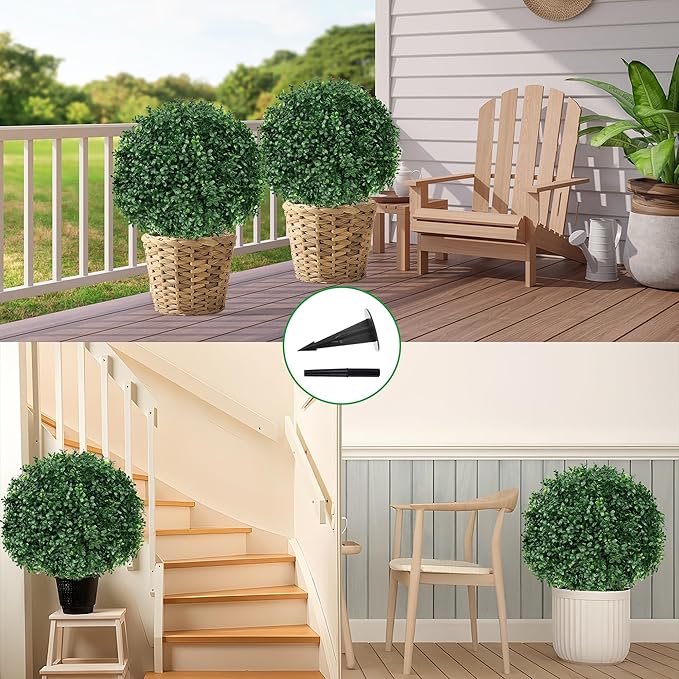 Artificial Boxwood Topiary Ball Tree with Ground Spike, Set of 2 Artificial Shrub Bushes, Fake Evergreen Tree for Porch, Artificial Plants for Outdoor Planters Indoor UV Resistant