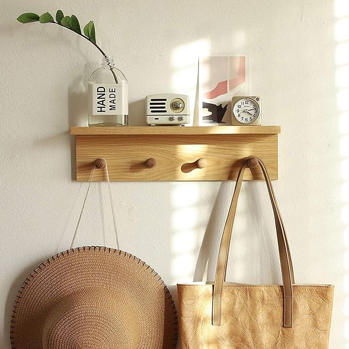 Entrance Coat Rack ，Coat Hooks, Wall-Mounted Wooden Hook Rack, Wall-Mounted Shelves are Very Suitable (Oak Colored Finish-1)