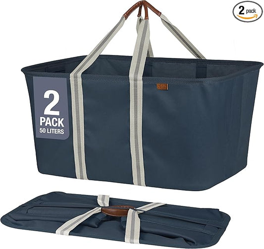 CleverMade Collapsible Laundry Tote - LUXE Navy Noir Cream 2Pack 50L - Foldable Storage Organization Container Clothes Laundry Room Storage Solution