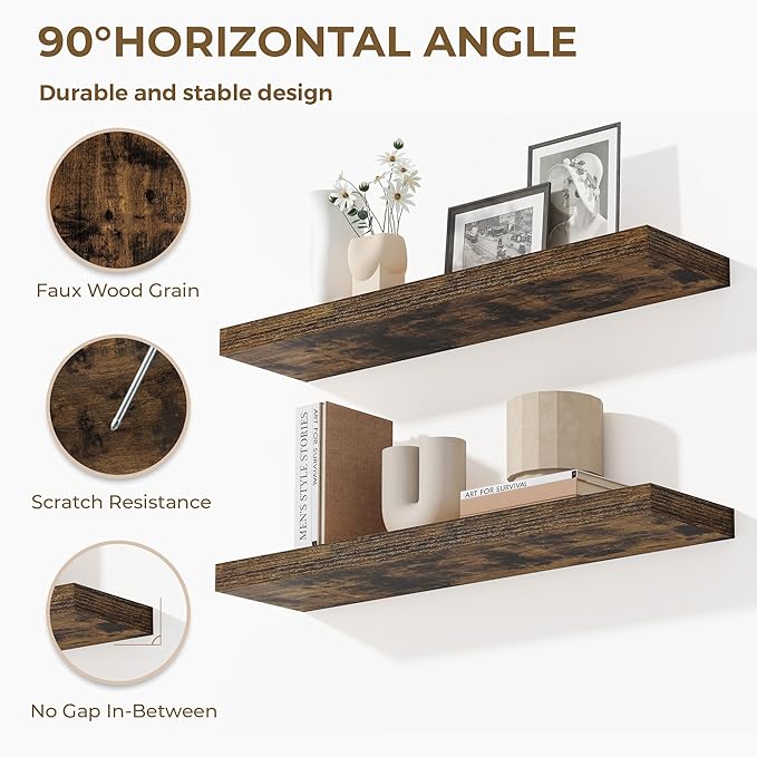 Dreamland 32 Inches Floating Shelves for Wall, 9.3" Deep Long Floating Shelves Set of 2, Large Display & Storage Shelf, Wall Shelf for Bathroom Bedroom Living Room Kitchen Office, Rustic Brown