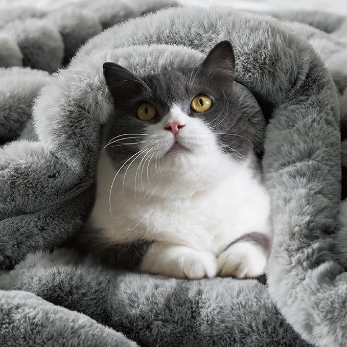 BEDELITE Faux Fur Throw Blanket for Couch, Soft and Cozy Luxurious 3D Striped Fluffy Blanket, 770GSM Thick Warm Plush Fuzzy Faux Rabbit Fur Blanket for Women Gift (Crey, 60"x 80")