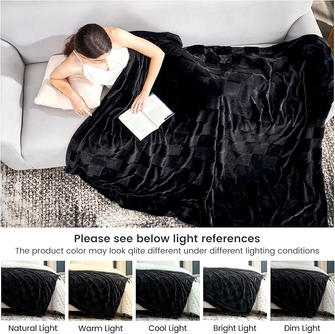Cozy Bliss Checkered Large Faux Rabbit Fur Black Queen Bed Blanket, Soft Fuzzy Fluffy Minky Furry Plush Blankets for Couch, Bed, Adults (90 * 90 Inches Black)
