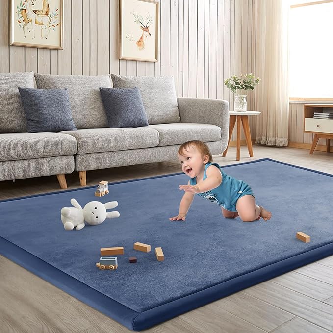 Baby Play Mat for Floor Tummy Time Nursery Rug Muscle Area Rug Playroom Rug Tatami 50 * 50" Memory Foam 1.3" Thick Crawling Mat For Babies,Toddlers, Infants, Kids,Floor Mat(Blue)