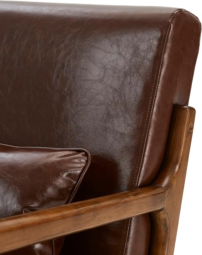 Glitzhome 30.75 "H Mid Century Coffee Accent Armchair, Single Reading Armchair PU Leather Lounge Chair with Walnut Ruberwood Frame