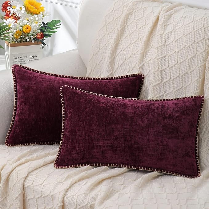 decorUhome Chenille Soft Throw Pillow Covers 12x20 Set of 2, Lumbar Velvet Farmhouse Neutral Decorative Euro Pillow Covers with Stitched Edge for Couch Sofa Bed Home Decor, Rhododendron