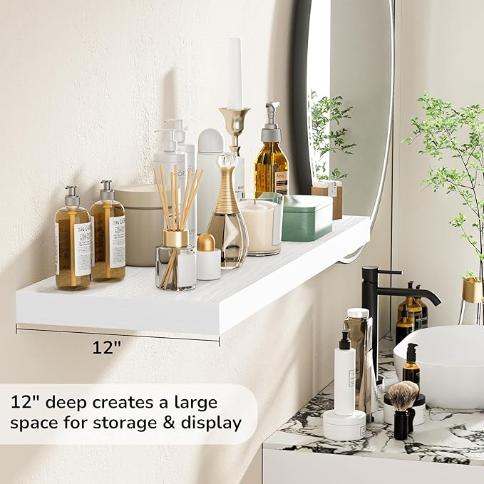 Fun Memories Floating Shelves - 2 Pack 12 Inch Rustic Wooden Wall Shelves - Extra Deeper & Thicker Wall Mounted Storage Shelf for Living Room, Kitchen, Farmhouse - 36" W x 12" D x 1.8" H - White