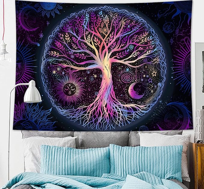 FORATER Tree of Life Tapestry Wall Hanging Colorful Life Tree Tapestries Aesthetic Sun and Moon Galaxy Wall Tapestry for Bedroom Living Room Dorm(36 x 48 Inch, Multicolor)