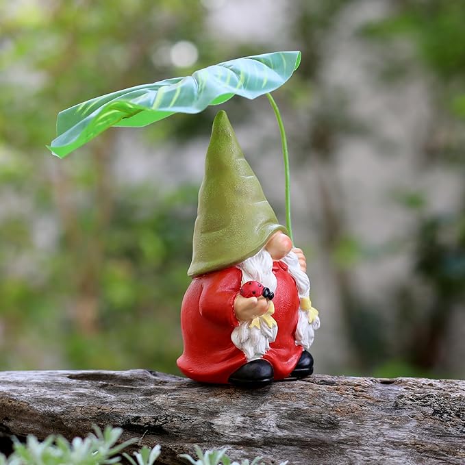 Garden Female Gnome Statue Decoration with Leaf Umbrella, 7.5” Figurine Ornament for Indoor Outdoor Home Patio Yard Lawn, for Gnome Lovers & Garden Enthusiasts，Mom，Women