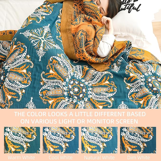 Boho Throw Blanket for Bed - 100% Pure Cotton Ultra Soft Rustic Quilt - Farmhouse Decor Bed Blankets, All Season Rustic Throw for Sofa Couch Chair(80''x 90'', Boho Floral)