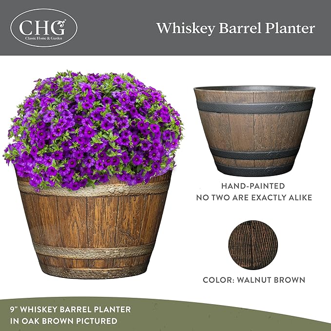 Classic Home & Garden Whiskey Barrel Planters - Wood Finish Flower Planter Pot - Stylish Garden Pots - Indoor & Outdoor Resin Planters - Weather-Resistant Planting Pots (15.5" Walnut Brown, Pack of 1)