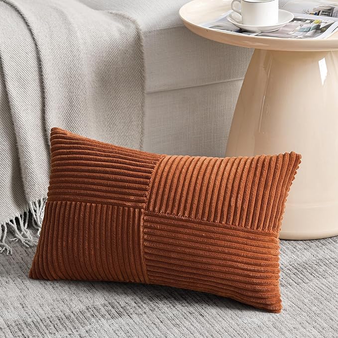 Fancy Homi 2 Packs Rust Long Lumbar Decorative Throw Pillow Covers 12x24 Inch for Couch Bed Sofa, Farmhouse Boho Home Decor, Soft Corduroy Patchwork Rectangle Terracotta Cushion Case 30x60 cm