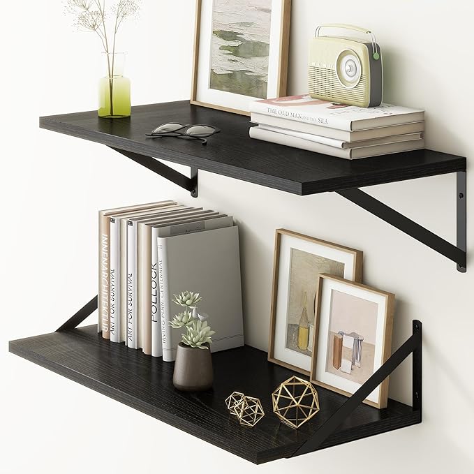 Fun Memories 27.5" W x12 D Floating Shelves, Black Wall Shelf with Brackets, 12 Inch Deep Floating Shelf Set of 2, Large Storage Kitchen Living Room Bathroom Shelves, Wood Wall Mounted Shelf