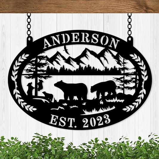 Custom Farmhouse Farm Sign, Custom Bear Monogram Name Sign, Ranch Sign, Outdoor Family Name Sign, Personalized Family Name Bear Metal Wall Sign, Personalized Rustic Name Sign