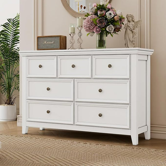 BLANKSPACE White 7 Drawer Dresser, Modern Dresser for Bedroom, Wood Drawer Organizer with Metal Knobs, Large Capacity Wood Cabinet for Bedroom