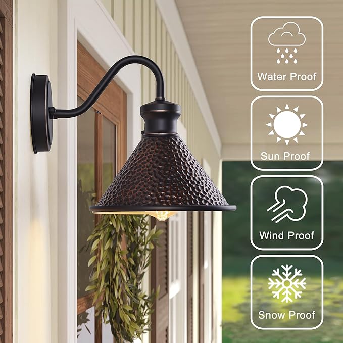 Gooseneck Outdoor Wall Sconce 1-Light E26 Socket Farmhouse Wall Mount Porch & Patio Lights,9.3Inch Width Casting Aluminum Shade,Oil Rubbed Bronze,Easily Installed in Outdoor and Indoor.