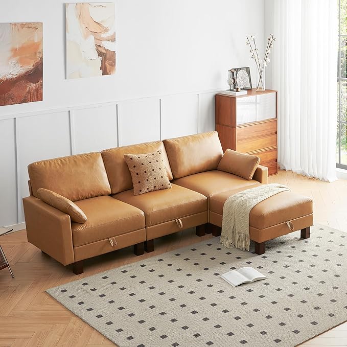 L Shape Modular Sofa, Faux Leather Sectional, 98'' 4 Seater Couch, Mid Century Modern Decor Couch, Office Sectional Sofa Bed, for House, Apartment, Living Room, Tan