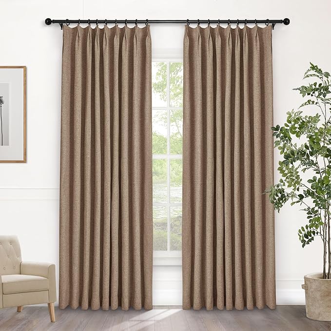 Macochico 100% Blackout Taupe Linen Curtains 84 Inches Long Pinch Pleated Burlap Curtains for Bedroom Living Room Farmhouse Nursery Thermal Window Panels with Tieback 72”Wx84”L 1 Panel
