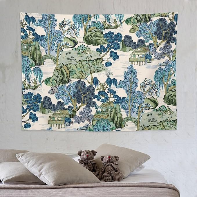 Chinoiserie Tapestry,Asian Watercolor Abstract Art Tapestry,Asian Japanese Wall Tapestry, Nature Landscape Tapestries for Bedroom Living Room Decor 80"x60"