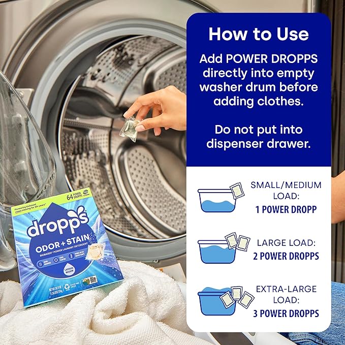Dropps Odor & Stain Biobased Power Laundry Detergent Pods, Crisp Breeze (32 Pods) - HE Compatible Laundry Pods for Fresh Clothes - Laundry Soap Supplies & Recyclable Paperboard Packaging