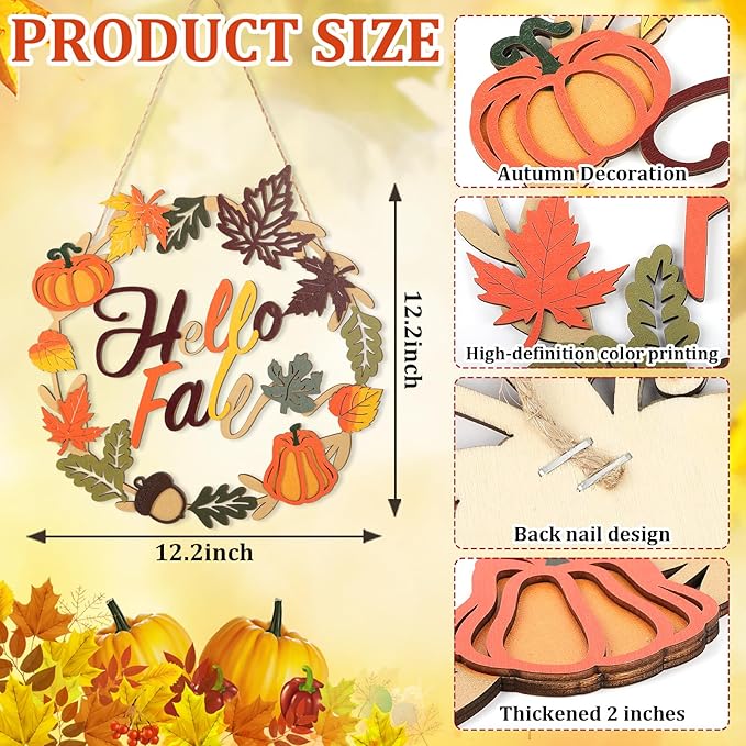 Fall Decoration Hello Fall Wreaths for Front Door, Wooden Welcome Maple Leaf Pumpkin Door Sign Ornament, Wood Farmhouse Wooden Hanging for Autumn Harvest Home Halloween Decoration