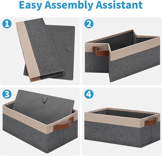 GhvyenntteS Small Fabric Storage Bins 12 Pack, 11.8" x 7.87" x 5.11" Storage Basket with Leather Handles, Closet Storage Bins for Shelves, Storage Baskets for Shelves, DVD Storage (Grey&Beige Yellow)