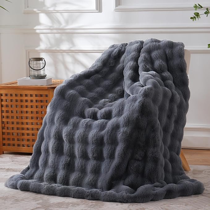 BENVWE Faux Fur Throw Blanket for Couch - Thickened Fluffy Soft Bubble Blanket for Living Room Home Decor - Fathers Day Birthday Gifts for Women Men, Grey, 50" x 60", 1300GSM