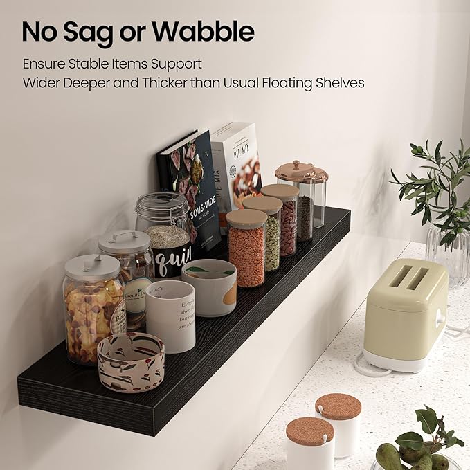 Floating Shelves for Wall, 40" W x 8" D x 1.5" H, Wooden Wall Mounted Display Shelves with Invisible Brackets for Living Room, Bedroom, Bathroom, Kitchen Decor and Storage, Set of 2, Black