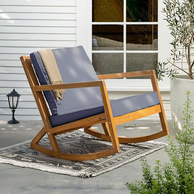 IDZO Club Rocking Chair 500lbs Capacity with Inclined Backrest, Thick Foam Cushion, Solid Acacia Wood Rocker for Patio, Backyard, Balcony, Porch, Grey